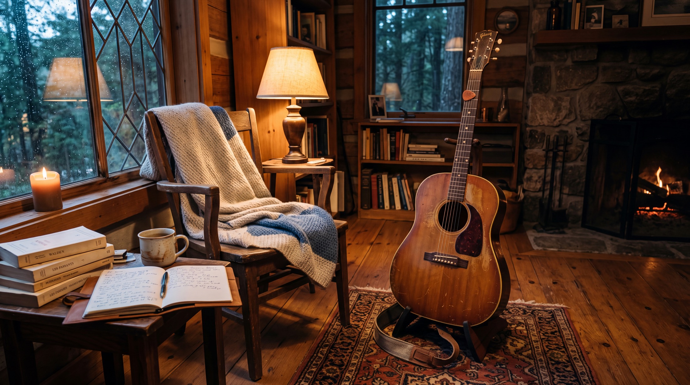 Une guitare, un cahier et un fauteuil près du feu
