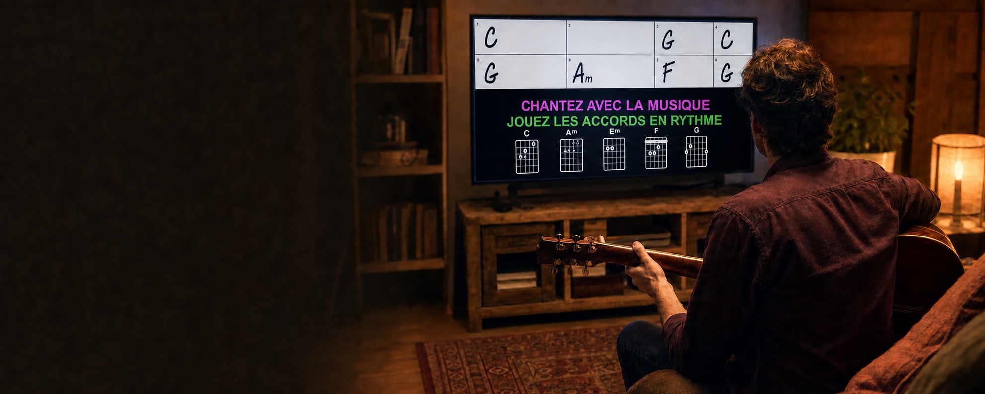 Un guitariste suivant une grille musicale, des paroles et des accords affichés sur un écran