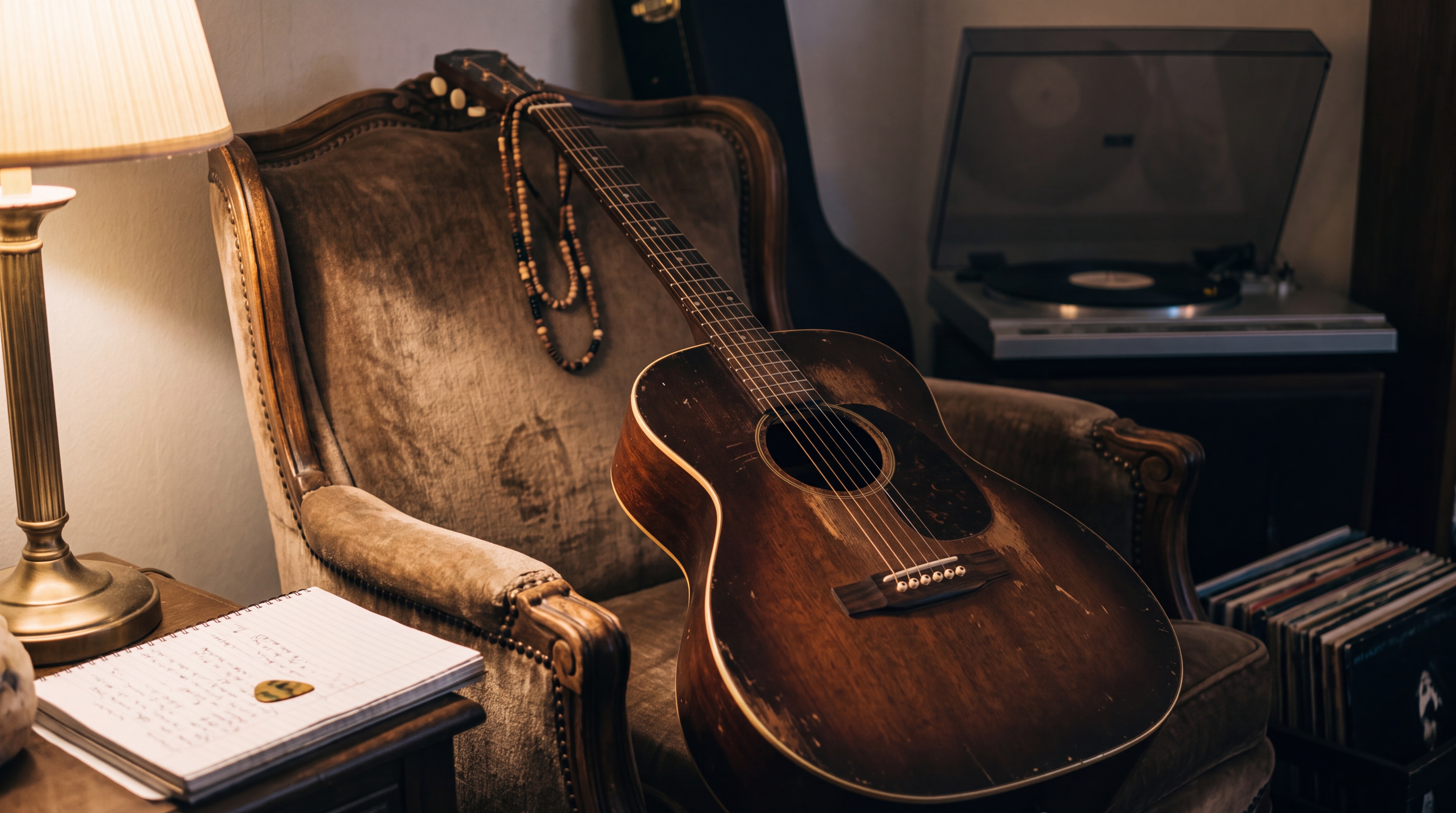 Une guitare sur un fauteuil près d’un cahier et d’un tourne-disque
