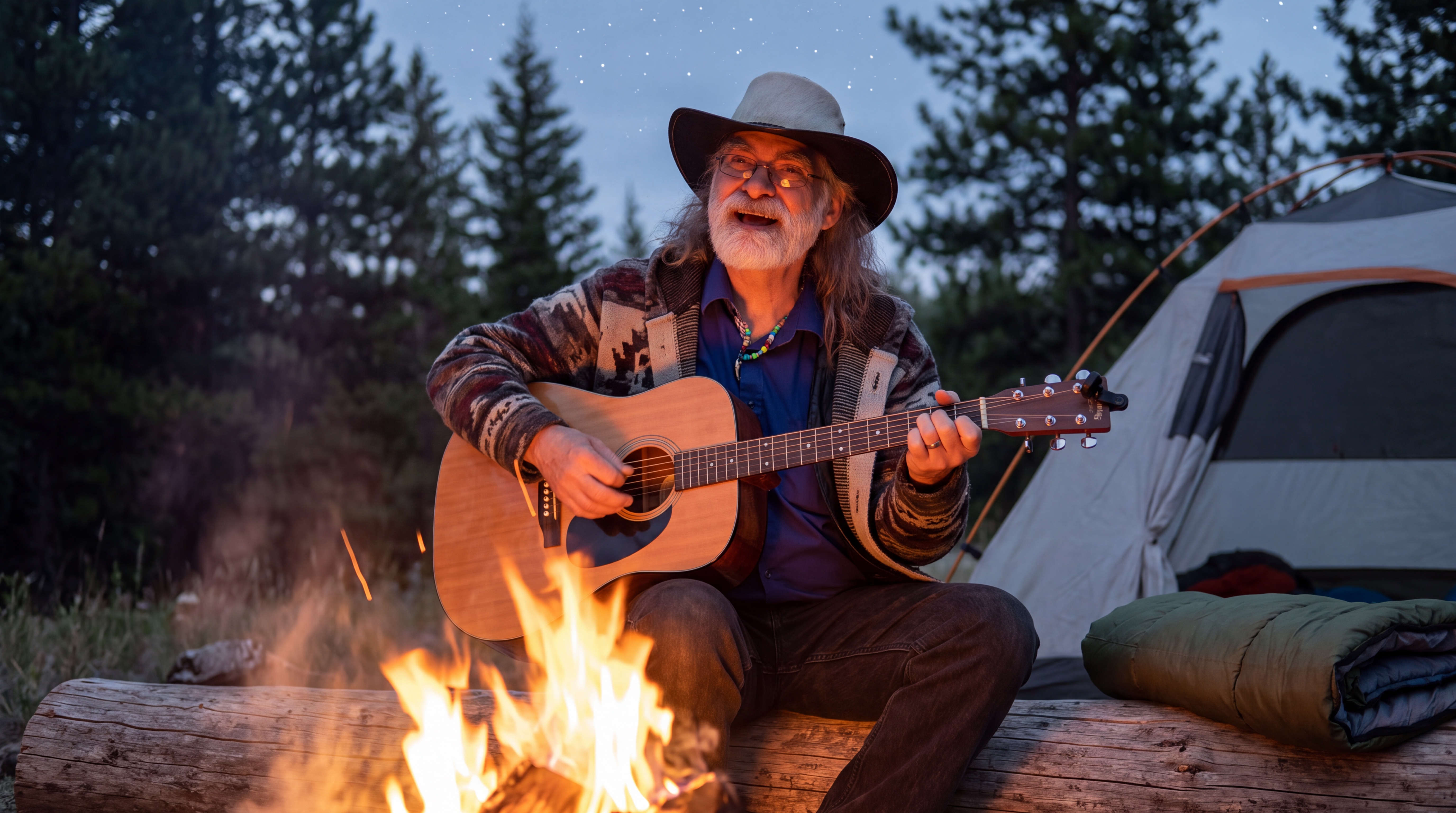 Michel Cardinal chantant et jouant de la guitare près d’un feu de camp